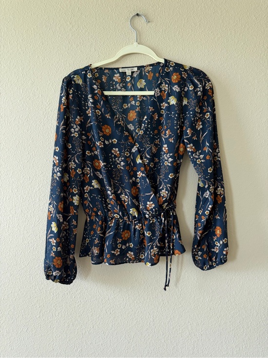 nine britton Tops - nine britton Navy Floral Wrap Blouse with Tie Waist